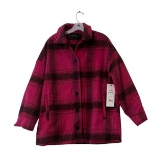 NWT Love Poem Women's Button-Down Plaid Fuchsia  Shacket & Front Pockets, SMALL